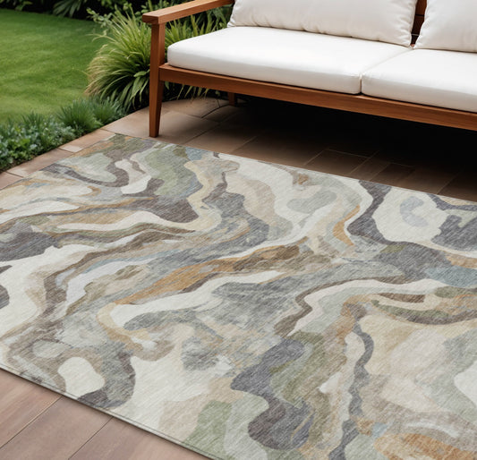 10' X 14' Khaki Ivory And Beige Abstract Washable Indoor Outdoor Area Rug-1