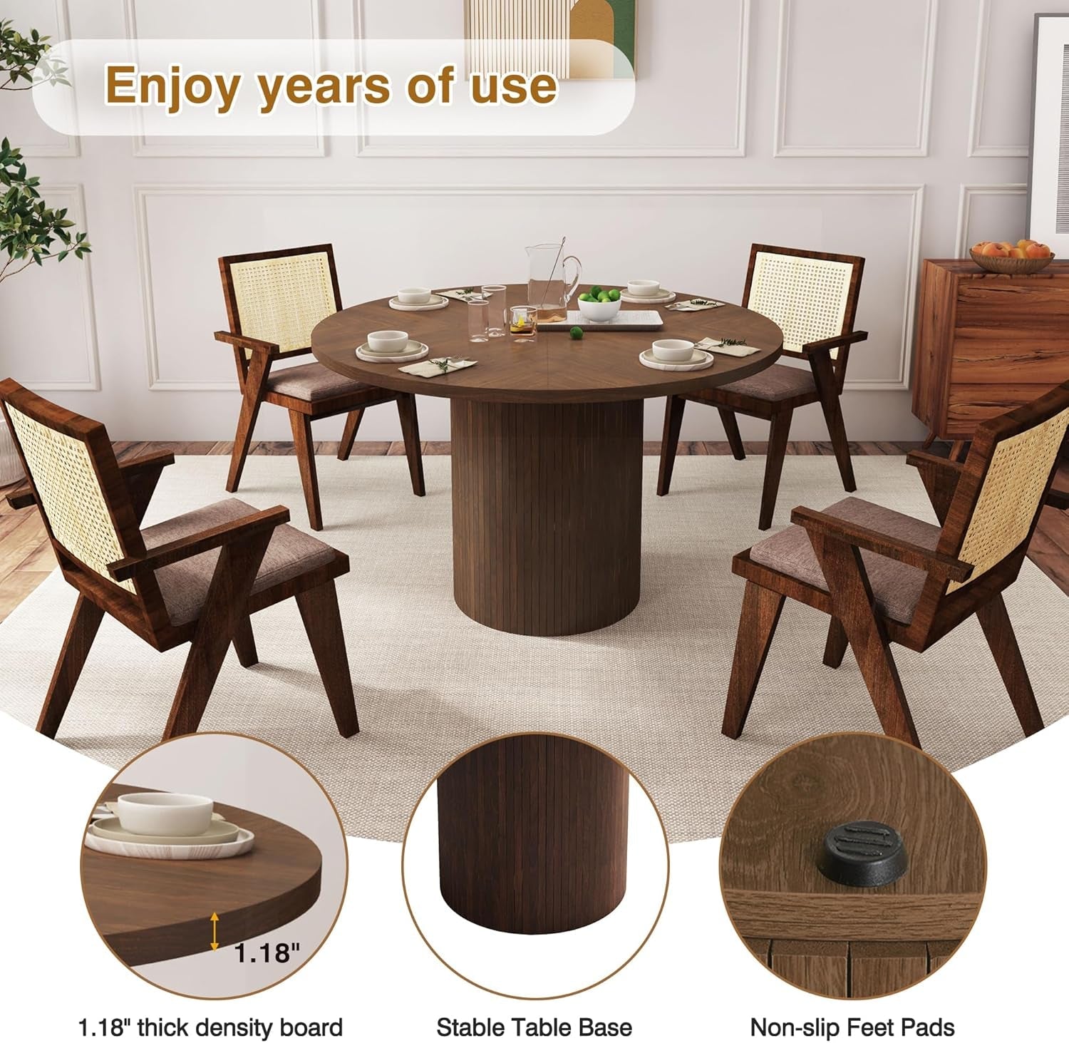 Round Dining Table for 4, Modern Farmhouse Kitchen Table, 47 Inch Small Circle Dining Tables with Wood Strip Base for Kitchen Living Room (Walnut)-4