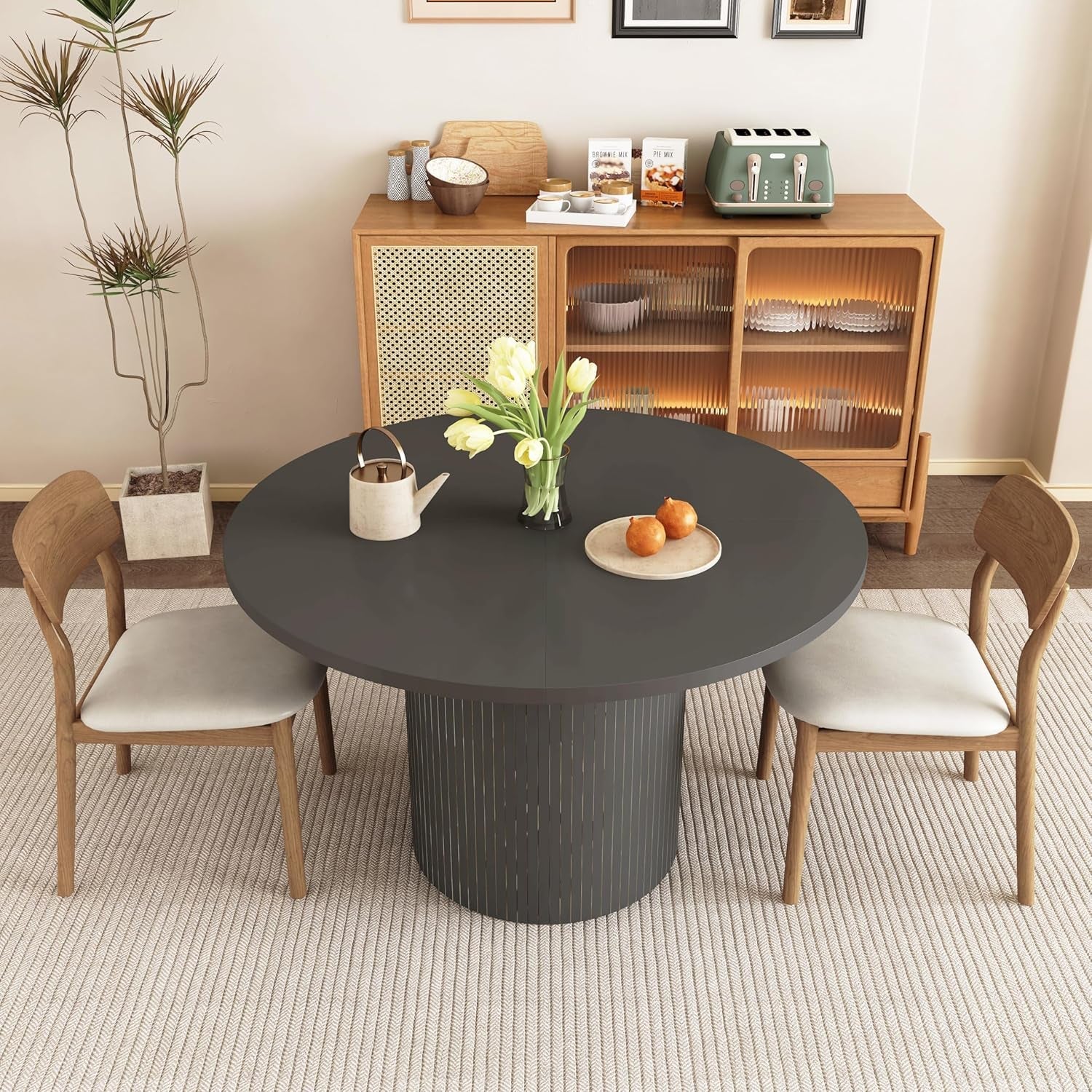 Round Dining Table for 4, Modern Farmhouse Kitchen Table, 47 Inch Small Circle Dining Tables with Wood Strip Base for Kitchen Living Room (Black)-2