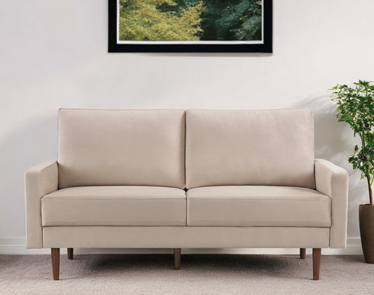69" Beige Velvet Sofa With Dark Brown Legs-0