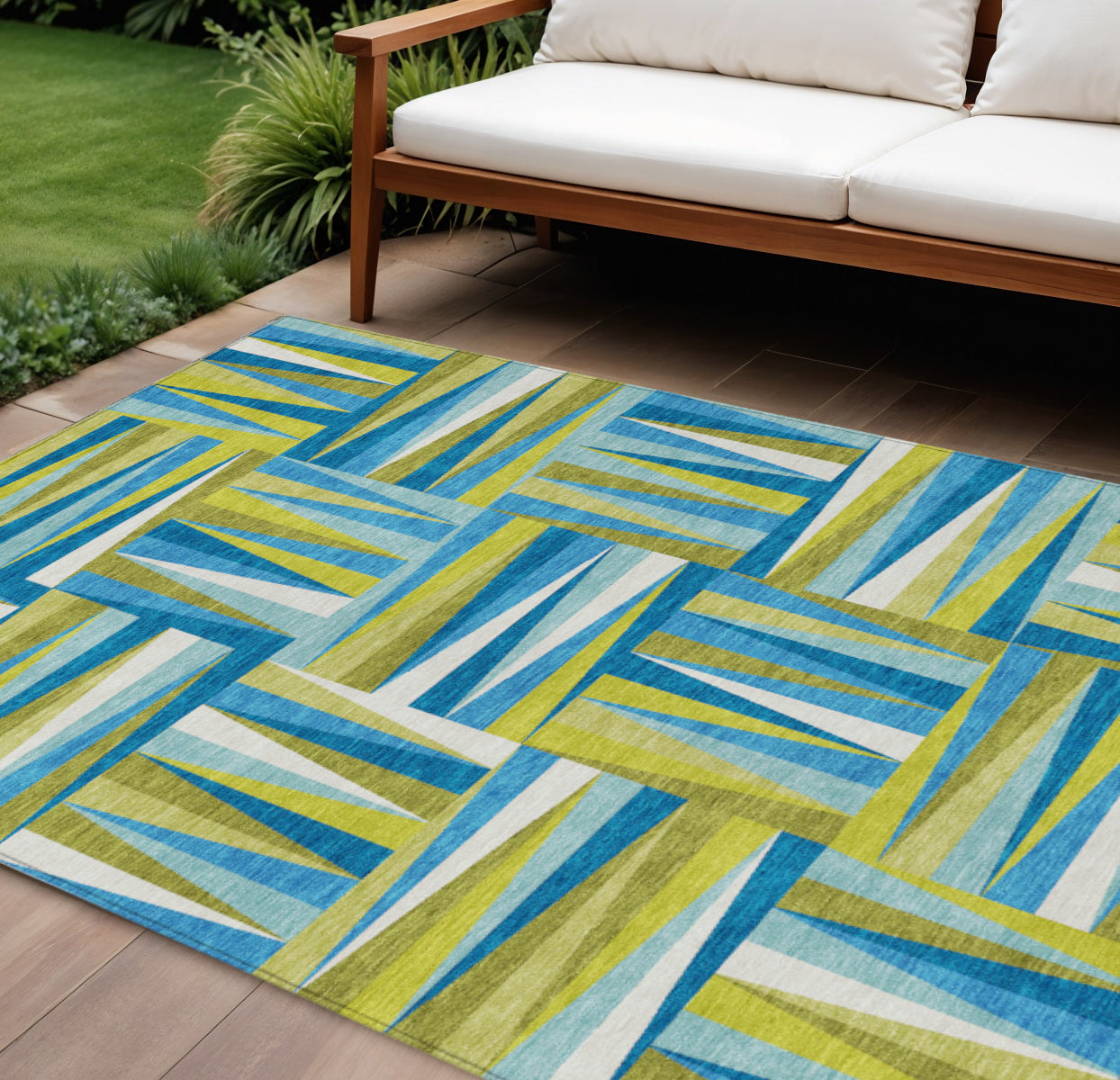 10' X 14' Teal Blue Green And Ivory Geometric Washable Indoor Outdoor Area Rug-0