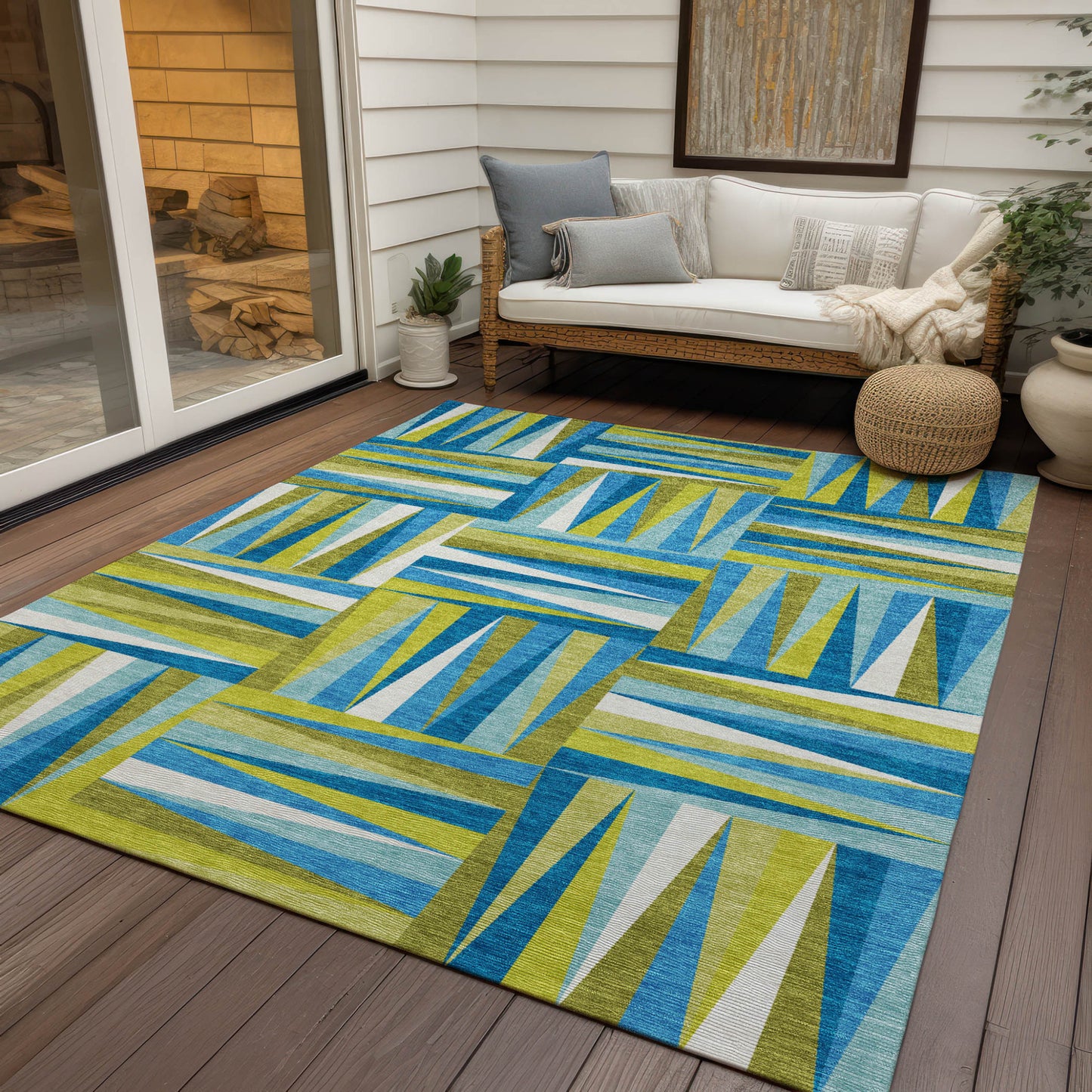 10' X 14' Teal Blue Green And Ivory Geometric Washable Indoor Outdoor Area Rug-7