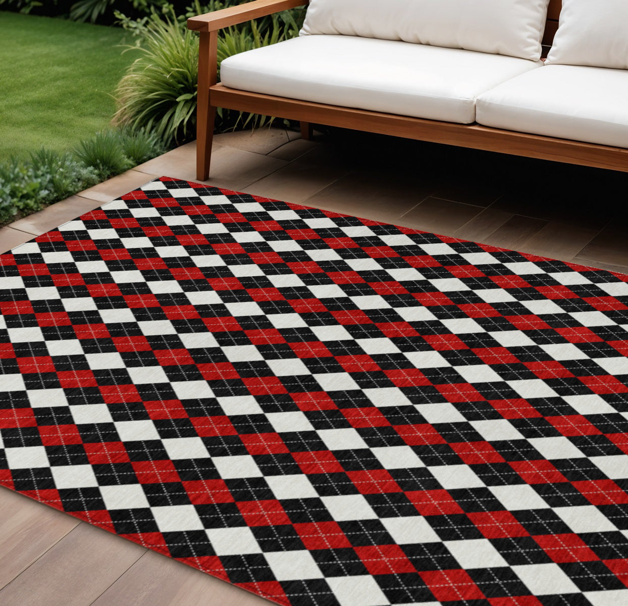 10' X 14' Black Red And White Argyle Washable Indoor Outdoor Area Rug-1