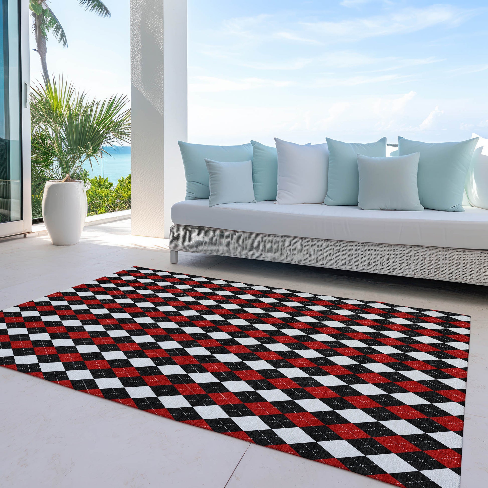 10' X 14' Black Red And White Argyle Washable Indoor Outdoor Area Rug-4