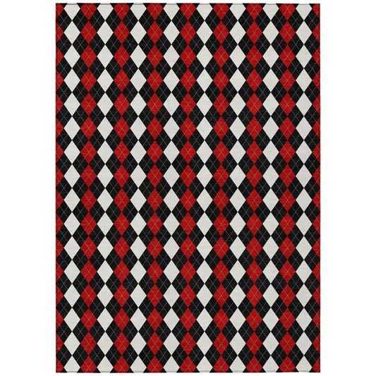 10' X 14' Black Red And White Argyle Washable Indoor Outdoor Area Rug-0