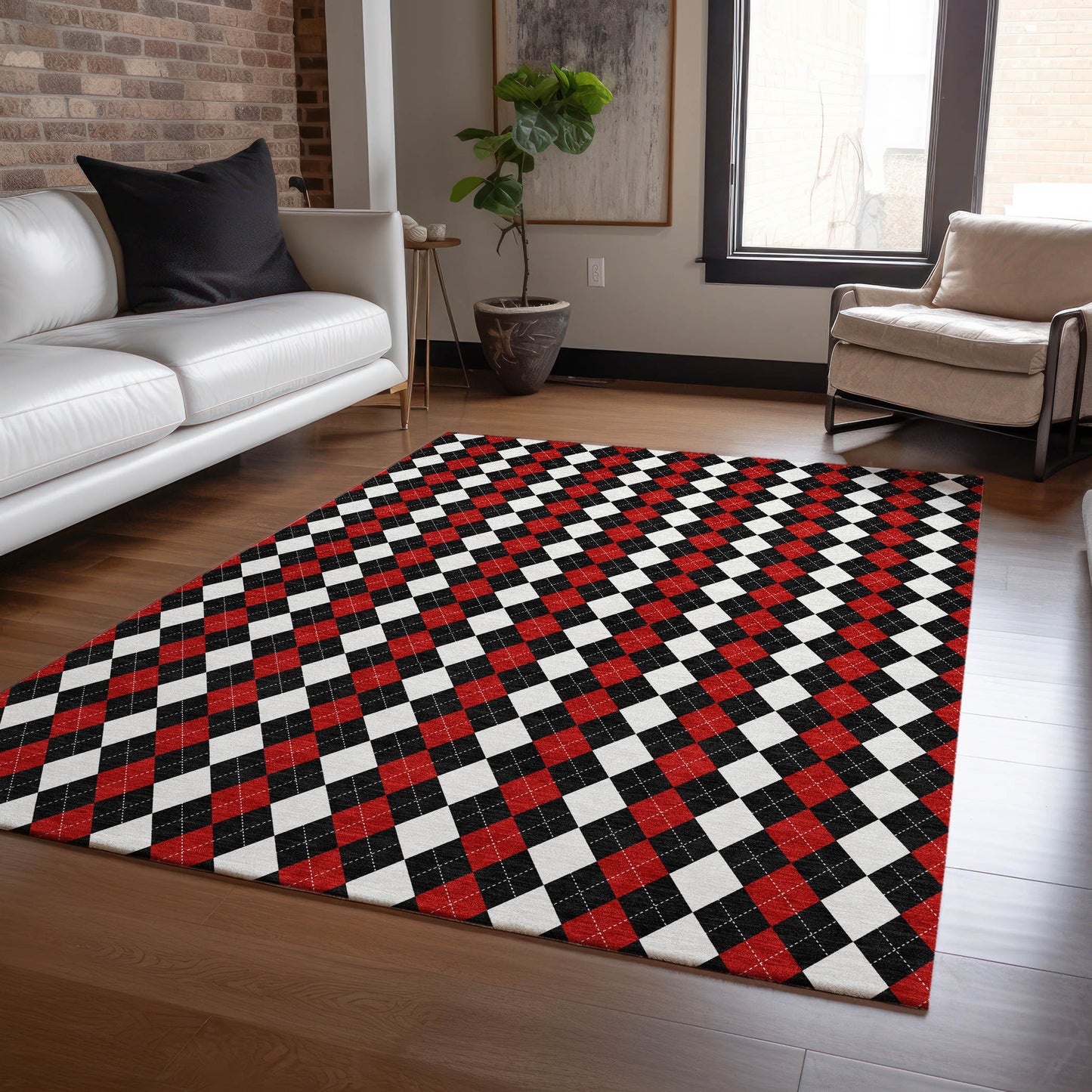10' X 14' Black Red And White Argyle Washable Indoor Outdoor Area Rug-5