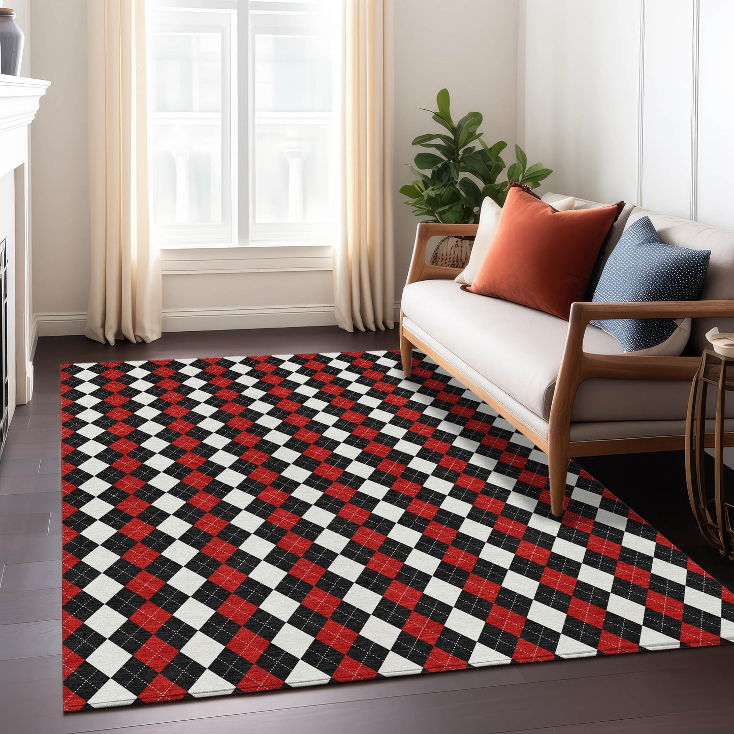 10' X 14' Black Red And White Argyle Washable Indoor Outdoor Area Rug-6