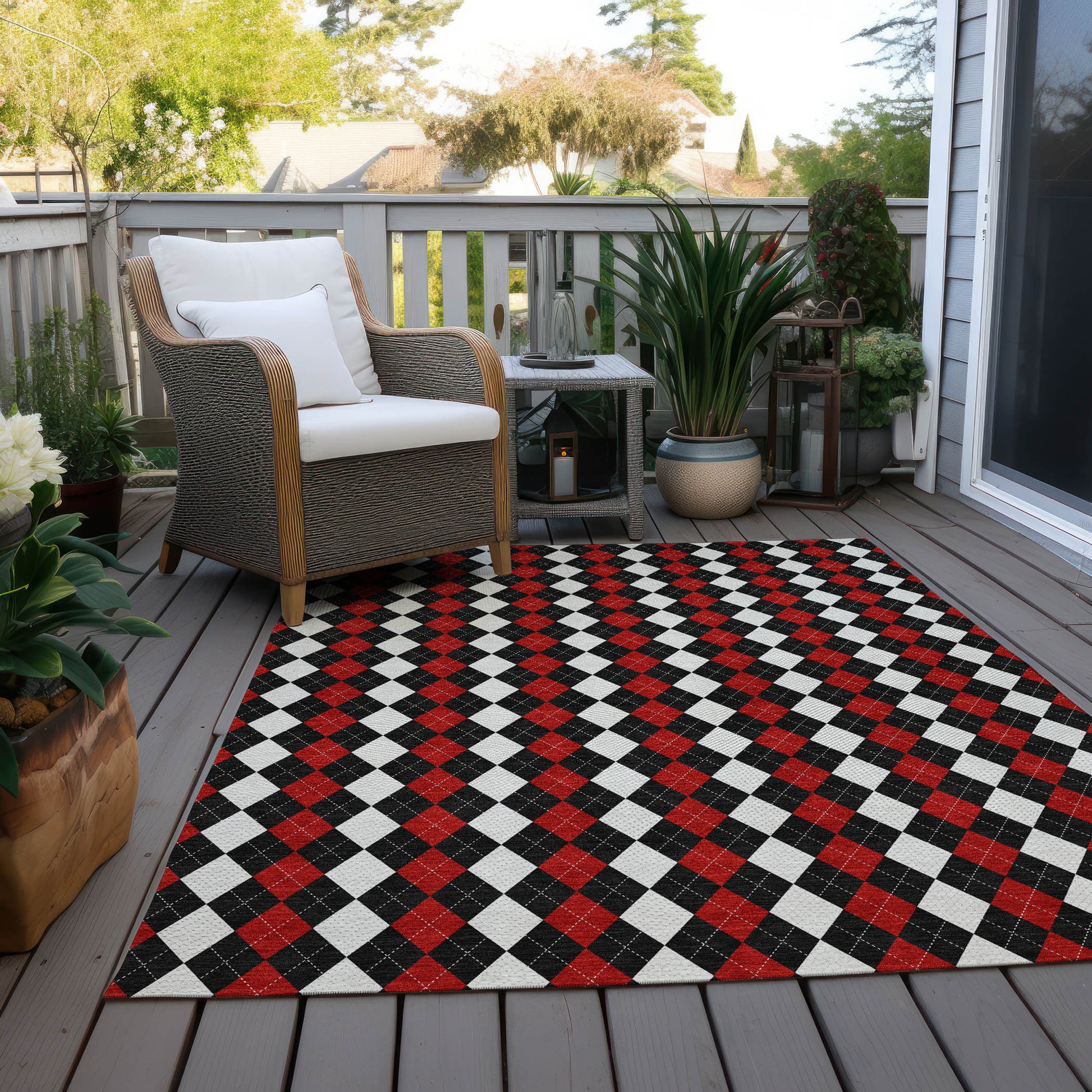 10' X 14' Black Red And White Argyle Washable Indoor Outdoor Area Rug-7