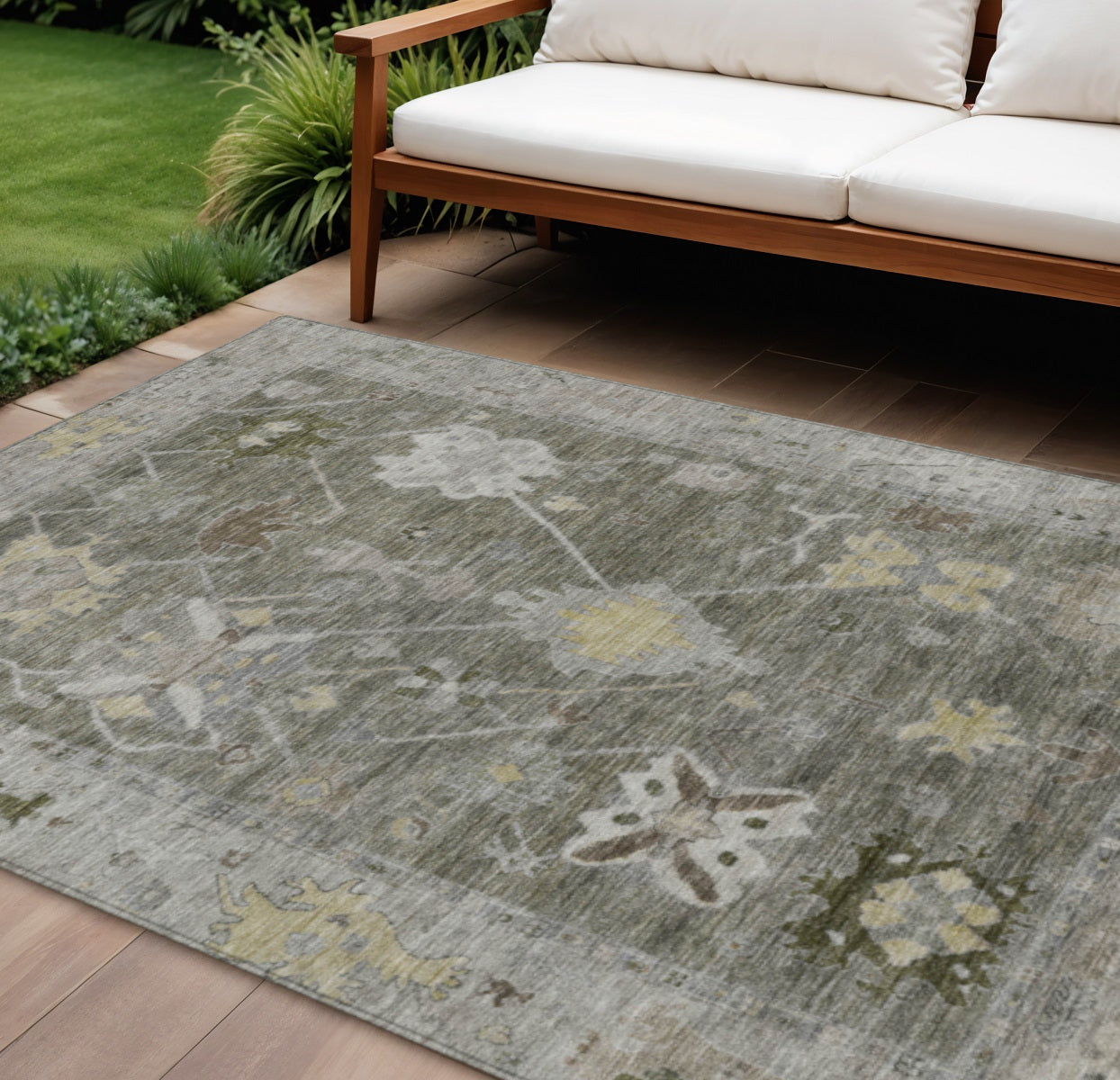 10' X 14' Pewter And Gold Tribal Washable Indoor Outdoor Area Rug-1