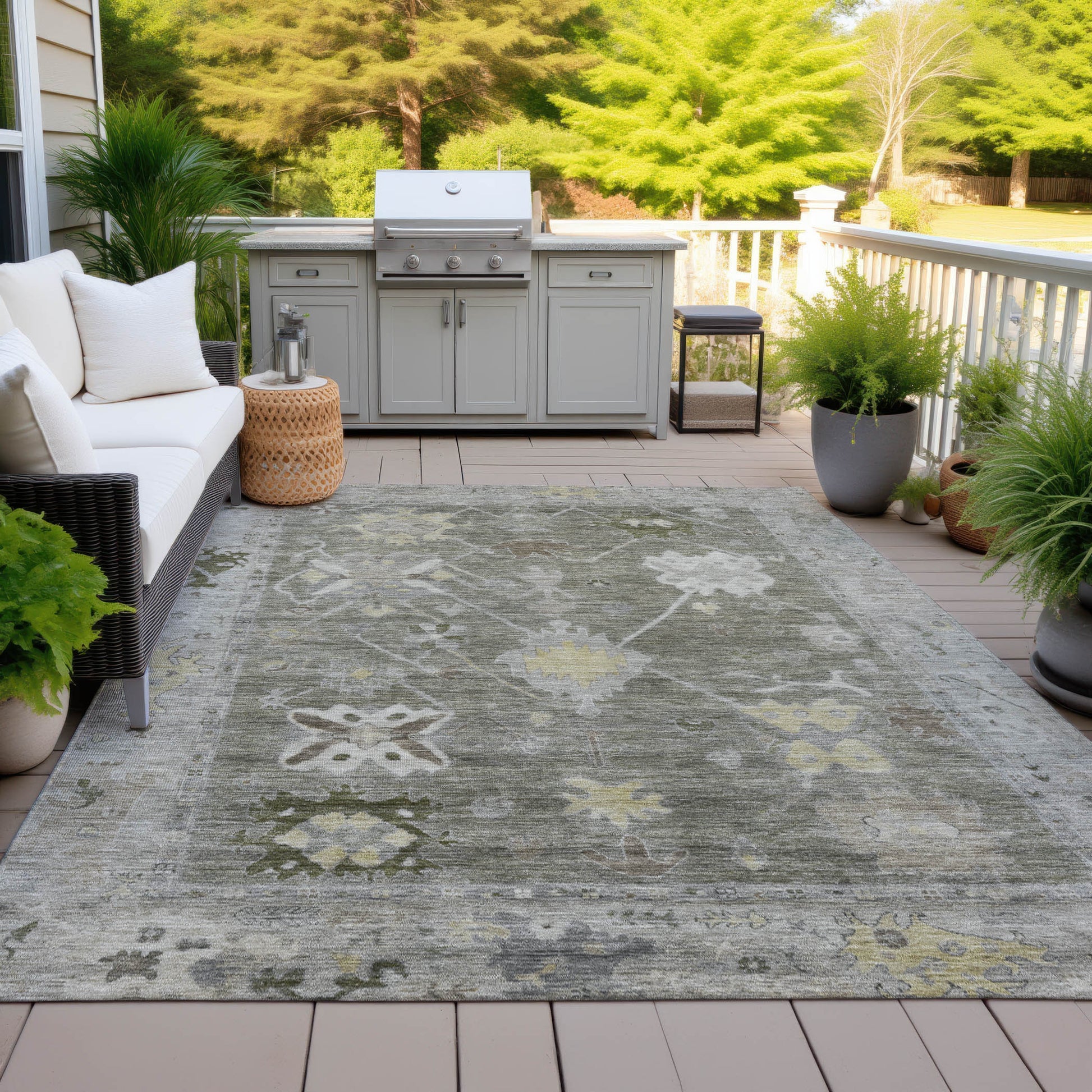 10' X 14' Pewter And Gold Tribal Washable Indoor Outdoor Area Rug-5