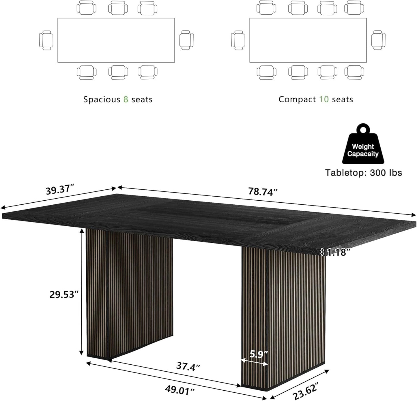 78 Inch Dining Table for 6 8 10, Modern Farmhouse Rectangular Kitchen Table, Dining Room Long Tables with Wood Strip Base for Kitchen Living Room (Black)-1