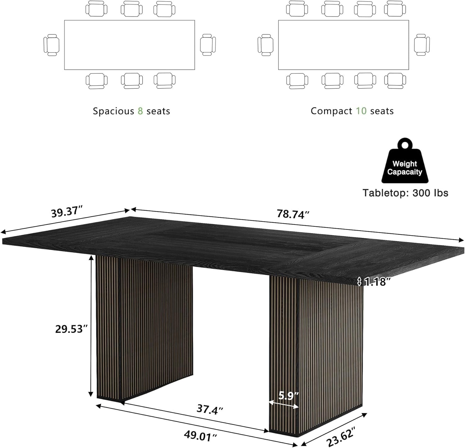 78 Inch Dining Table for 6 8 10, Modern Farmhouse Rectangular Kitchen Table, Dining Room Long Tables with Wood Strip Base for Kitchen Living Room (Black)-1