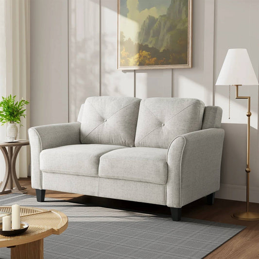 Modern Upholstered Loveseat Sofa in Cream Microfiber with Button Tufted Cushions-0
